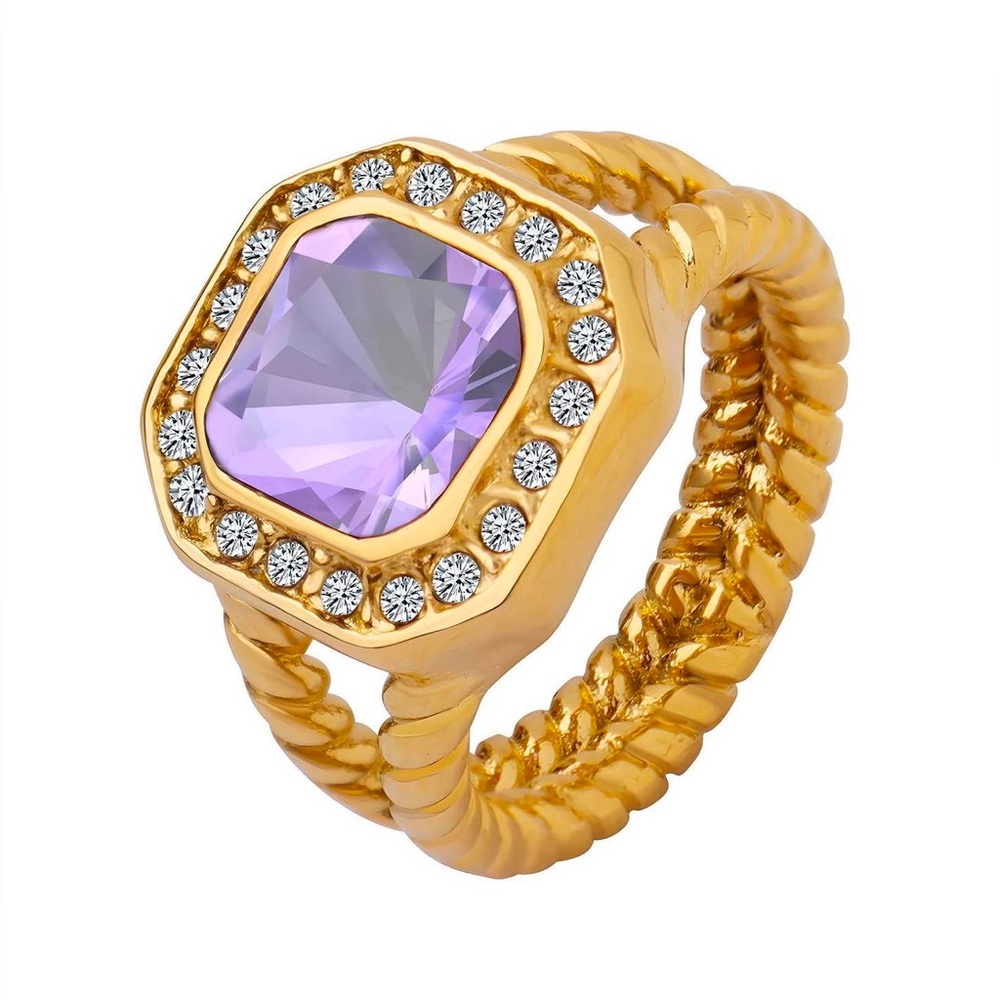 18K Gold Plated Chunky Ring*Purple Amethyst Cubic Zirconia Crystal Ring*ML